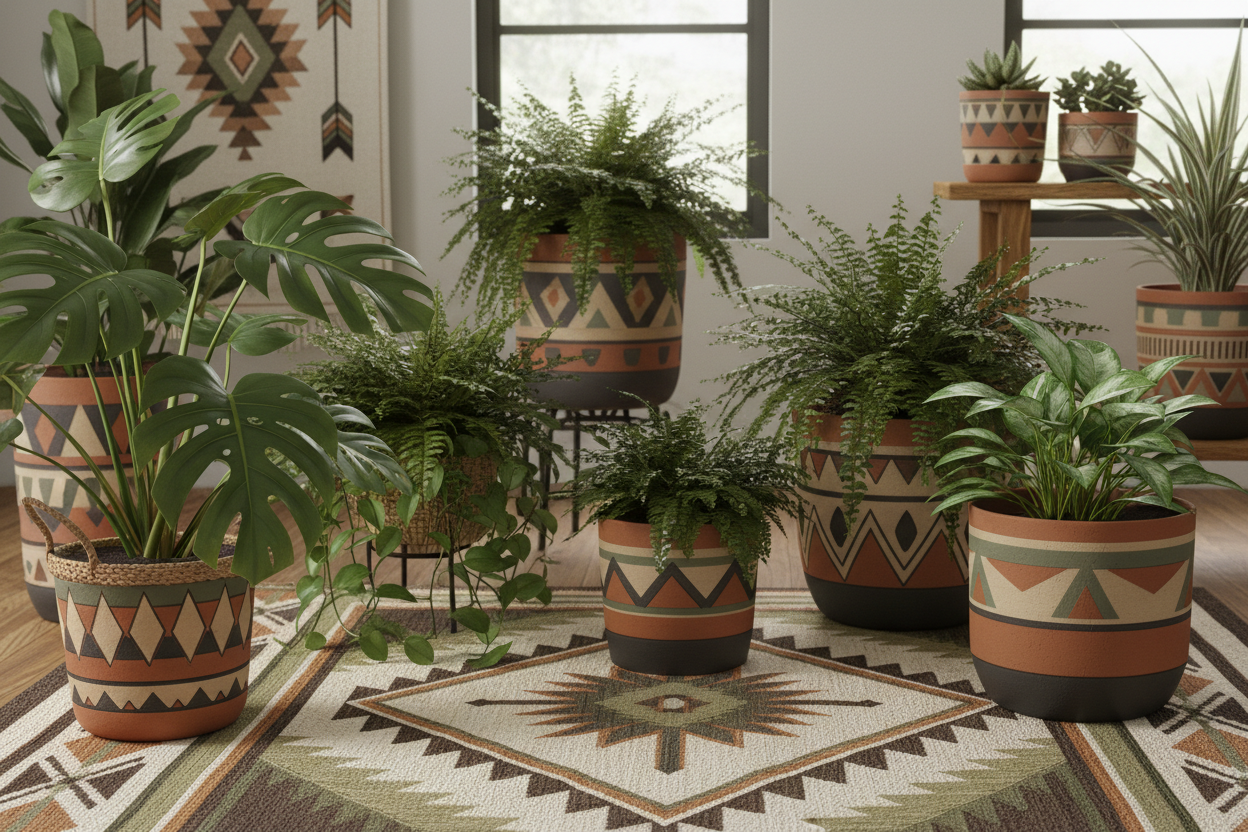 Lush houseplants with Native American patterns